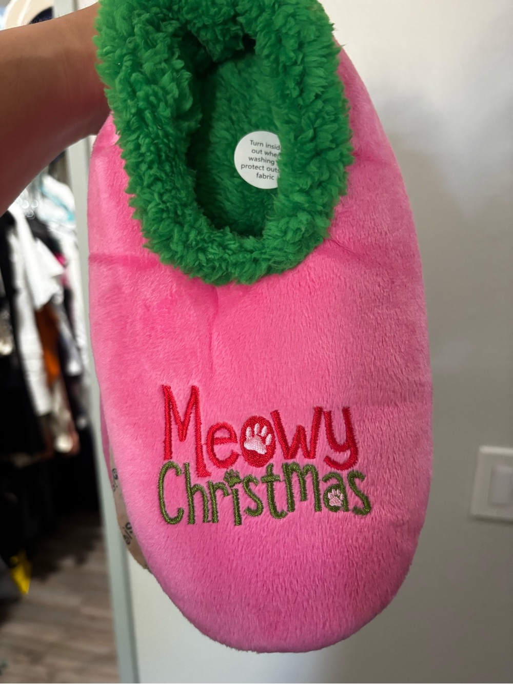 Meowy Christmas Pink & Green Plush Slipper
